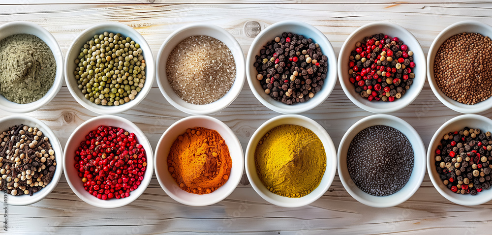 Assorted spices and herbs in bowls on wooden table Assorted spices and herbs in bowls on wooden table
