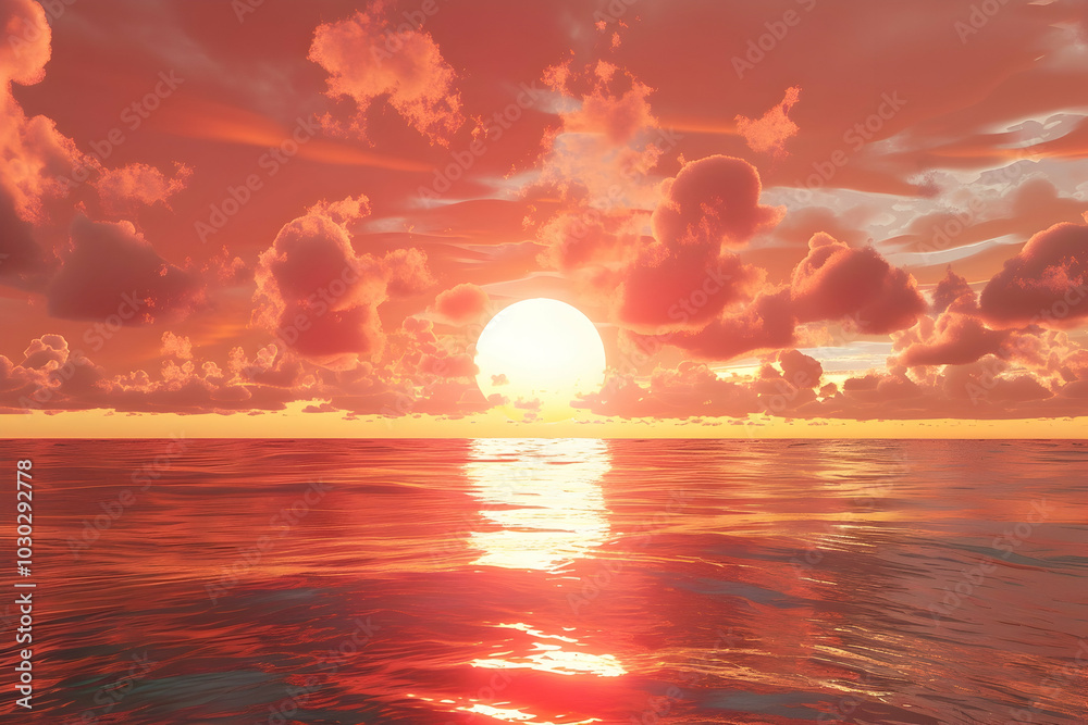 3D rendering of the sun setting over an ocean with a red sky. 3D rendering of the sun setting over an ocean with a red sky.