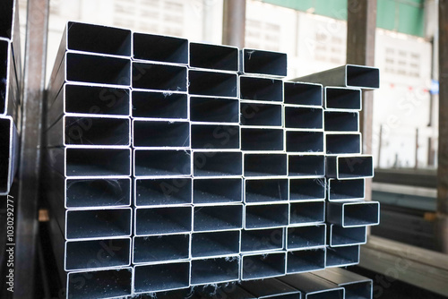 steel pipe product group square pipe Construction steel products such as black steel pipes, image ideas, examples of steel products.metal warehouse industry, delivery to customers.