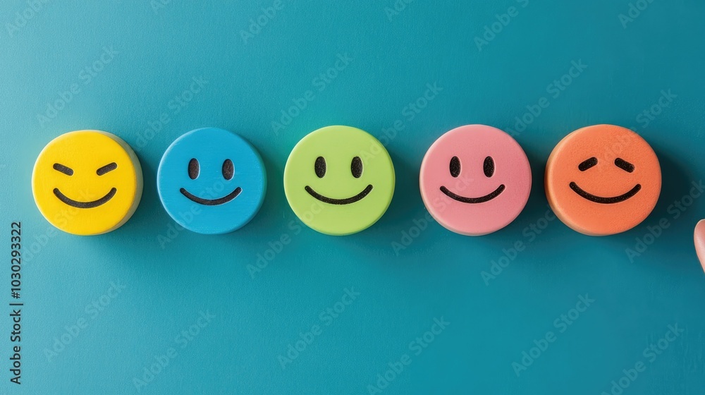 A graphic representation of a feedback scale with five emoji faces, focusing on a selected happy face, illustrating the decision-making process in online customer reviews. A graphic representation of a feedback scale with five emoji faces, focusing on a selected happy face, illustrating the decision-making process in online customer reviews.