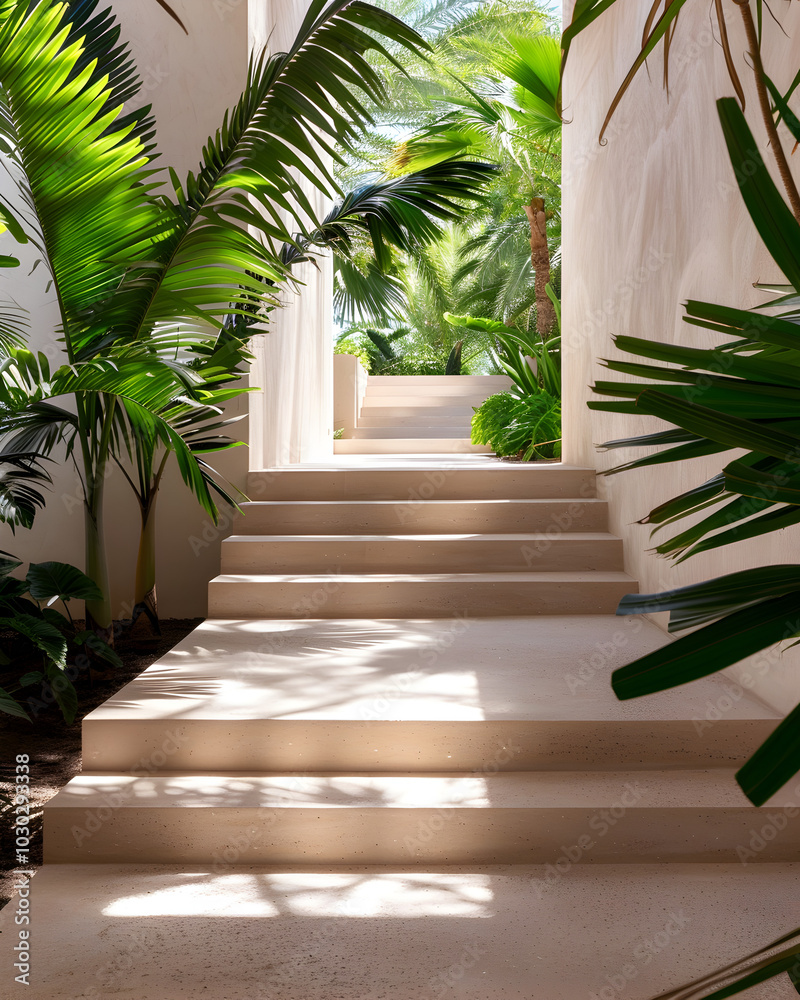 Beautiful palm tree lined steps in a garden courtyard with palm trees, large plants and colorful flowers. concrete pathways, colorful birds in the trees. Beautiful palm tree lined steps in a garden courtyard with palm trees, large plants and colorful flowers. concrete pathways, colorful birds in the trees.