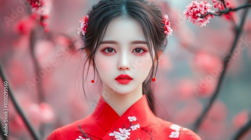 Beautiful Asian Woman in Traditional Red Dress with Cherry Blossom, Spring Beauty Portrait.