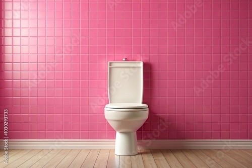 White ceramic toilet in front of pink wall with symmetrical design