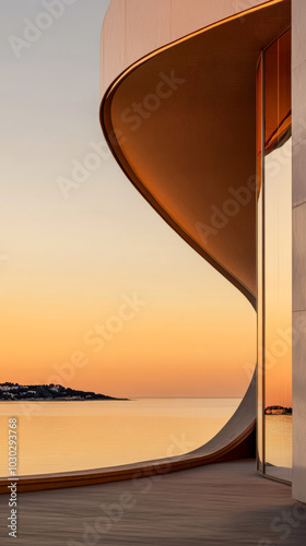 A modern architectural marvel reflects the serene sunset over calm waters at a coastal location photo