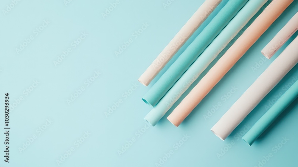 A minimalist composition featuring sleek, modern straws in various shades on a light blue background, shot from above to highlight their design and color. A minimalist composition featuring sleek, modern straws in various shades on a light blue background, shot from above to highlight their design and color.