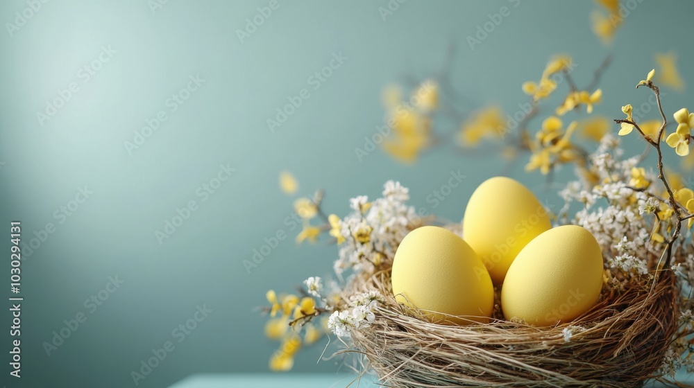 A charming arrangement of yellow eggs resting in a natural nest adorned with delicate blooming branches, set against a soft pastel background, conveying a sense of springtime renewal. Easter decor A charming arrangement of yellow eggs resting in a natural nest adorned with delicate blooming branches, set against a soft pastel background, conveying a sense of springtime renewal. Easter decor