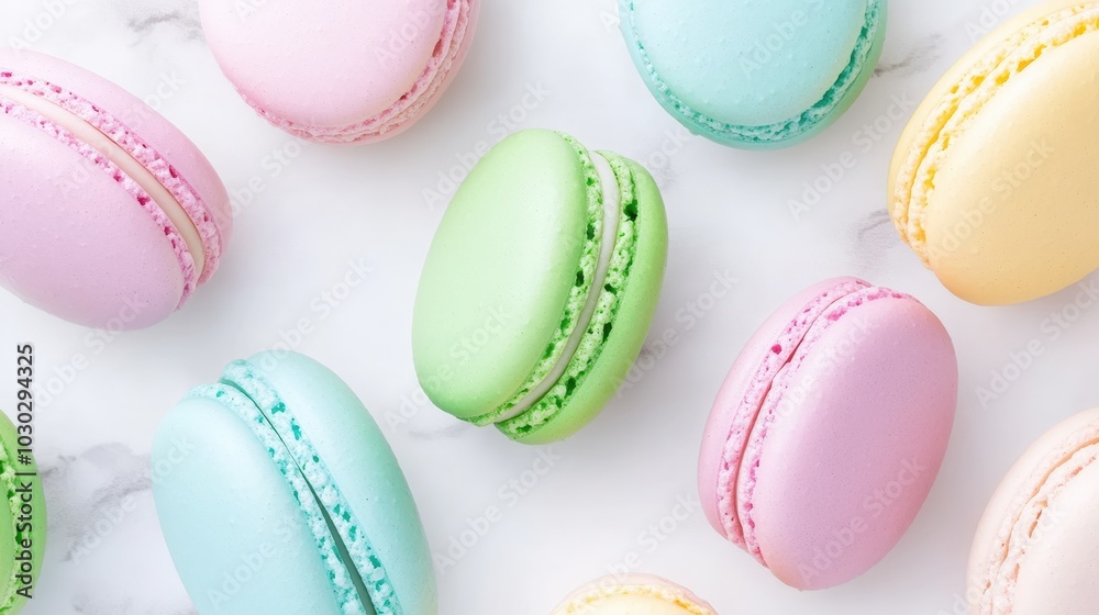 Fototapeta premium Pastel macarons arranged on a marble surface: sweet delight and colorful elegance