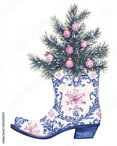 Whimsical Christmas Tree in a Cowgirl Boot with Chinoiserie Pattern, Winter Holiday Decoration Generative AI