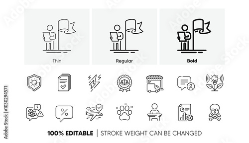 Pet friendly, Stress and Sun protection line icons. Pack of Incubator, Report, Discount message icon. Delivery truck, Lightning bolt, Handout pictogram. Flight insurance, Chemical hazard. Vector