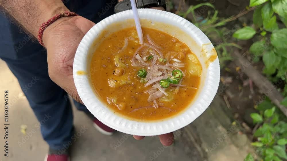 Cinematic shot of Mutton Ghugni with goat fat served in a white plate in Kolkata. Cinematic shot of Mutton Ghugni with goat fat served in a white plate in Kolkata.