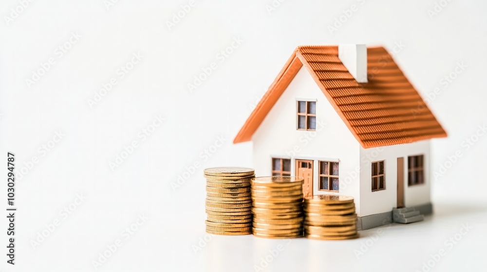 A bright and minimalist composition featuring a house model and a neatly arranged stack of coins on a white background, representing real estate taxes and investment strategies. A bright and minimalist composition featuring a house model and a neatly arranged stack of coins on a white background, representing real estate taxes and investment strategies.