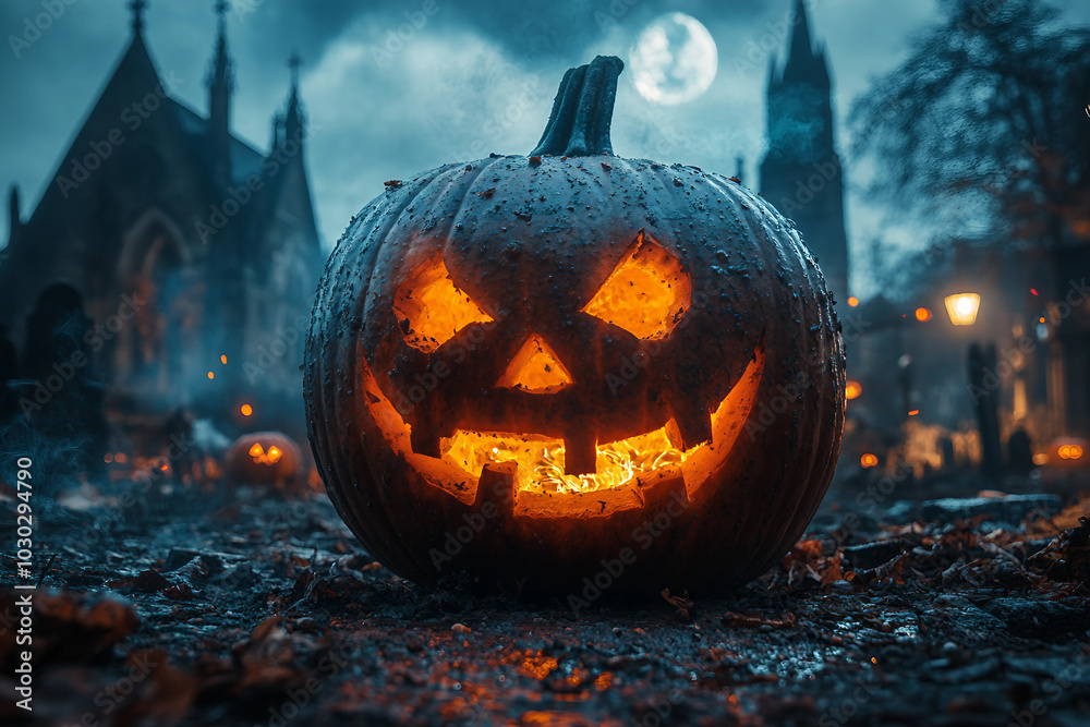 Fototapeta premium Creative halloween banner with traditional symbols orange pumpkin wizard hat black cat jack o lanterns, Generative AI