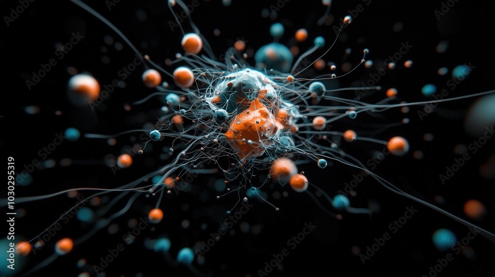 Abstract molecular structure with dynamic blue and orange particles on a dark background Abstract molecular structure with dynamic blue and orange particles on a dark background