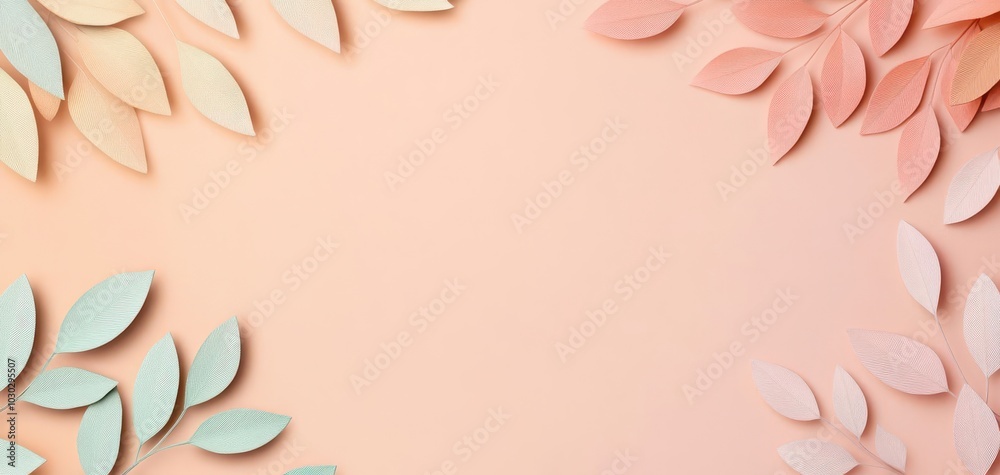 Fototapeta premium Pastel paper leaves arranged in a frame on a peach background.