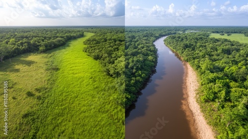 Lush grassland and serene river in vast tropical landscape from above