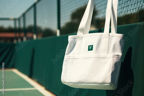 Hanging on top of a tennis net bag handbag white. photo