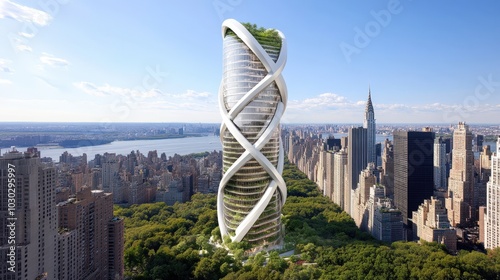 Futuristic skyscraper with sustainable design overlooking city park