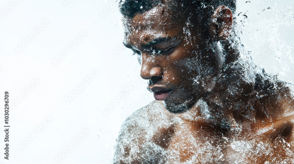 Waist-up portrait of determined male boxer behind a splash of water, showcasing focus and intensity under challenging conditions