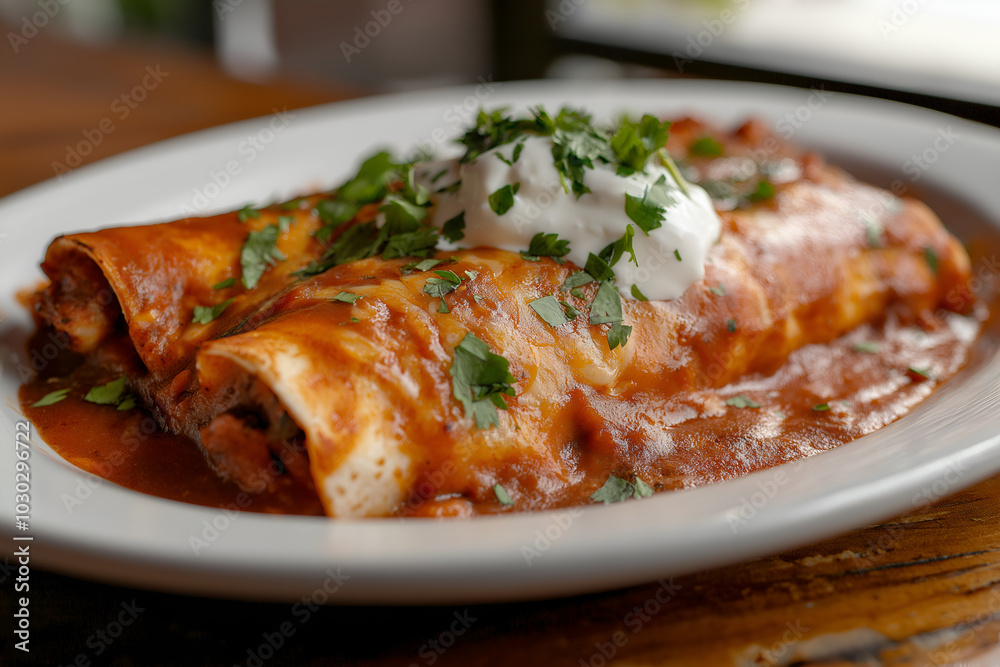 Mexican Enchiladas with Red Sauce, Cheese, and Sour Cream A plate of cheesy enchiladas covered in red sauce and garnished with sour cream and chopped cilantro, Delicious Mexican food photography Mexican Enchiladas with Red Sauce, Cheese, and Sour Cream A plate of cheesy enchiladas covered in red sauce and garnished with sour cream and chopped cilantro, Delicious Mexican food photography