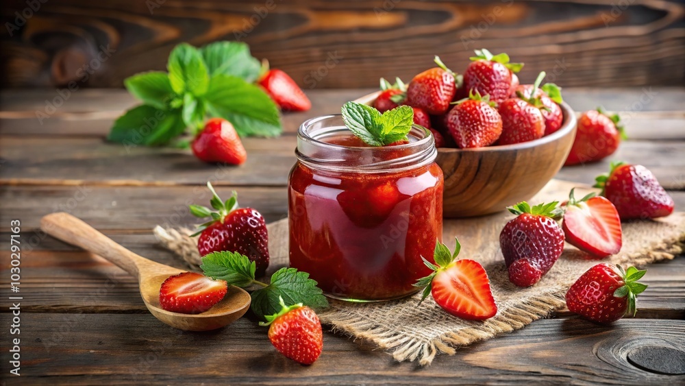 Wooden table with strawberry jam, marmalade, and fresh strawberries Wooden table with strawberry jam, marmalade, and fresh strawberries