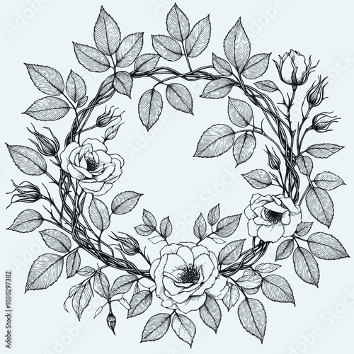 Adobe Illustrator Artwork
wreath of flowers, leaves
black and white vector frame illustration
set of decorative elements of plants background 