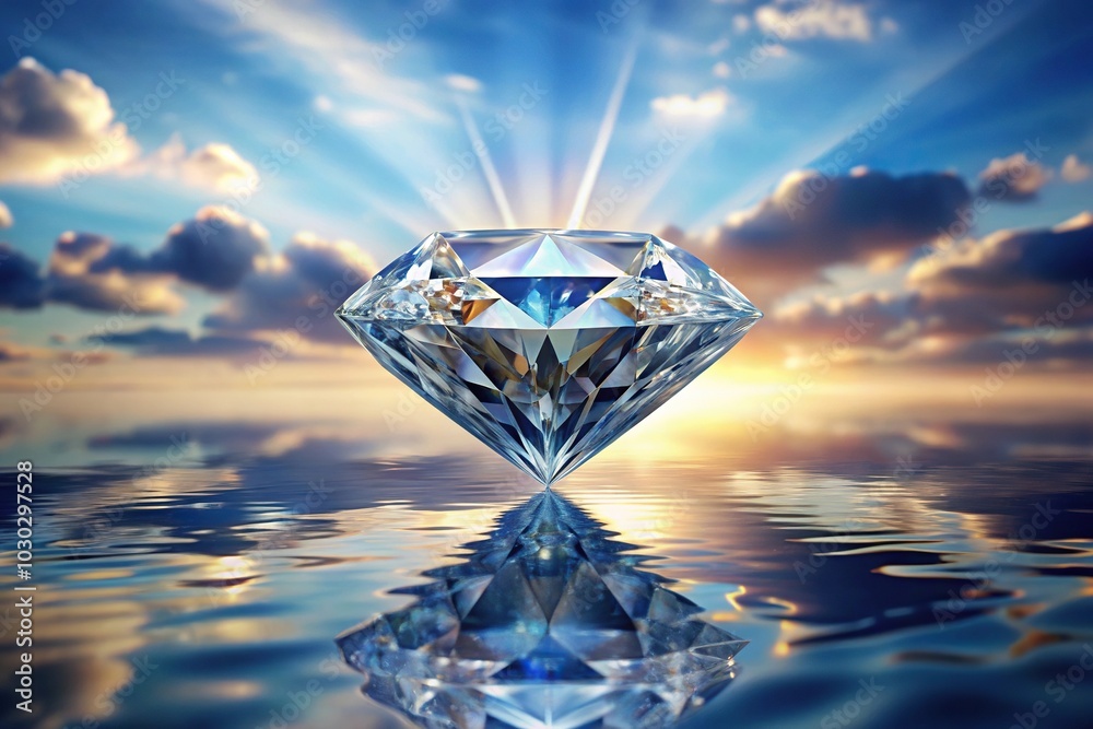 Obraz premium Luxury diamond balanced on water surface with sky reflection background