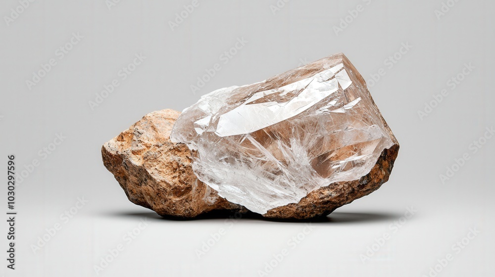 Raw quartz crystal on stone base against neutral background Raw quartz crystal on stone base against neutral background