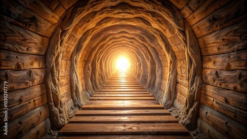 Wooden tunnel cave with single light at end