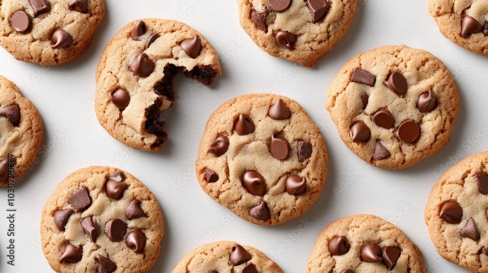 Delicious chocolate chip cookies arranged on a light background Delicious chocolate chip cookies arranged on a light background