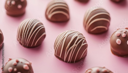 Sweet Delights An Assortment of Decorated Chocolate Candies on a Pink Background, Top View