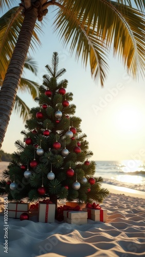 New Year in warm countries. Christmas tree on the beach with palm trees. Gifts under the tree. photo wallpaper, postcard, travel, for tourism business.