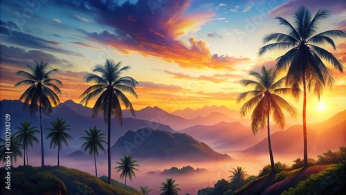 Vibrant watercolor painting of asymmetrical sunset over mountains with palm trees