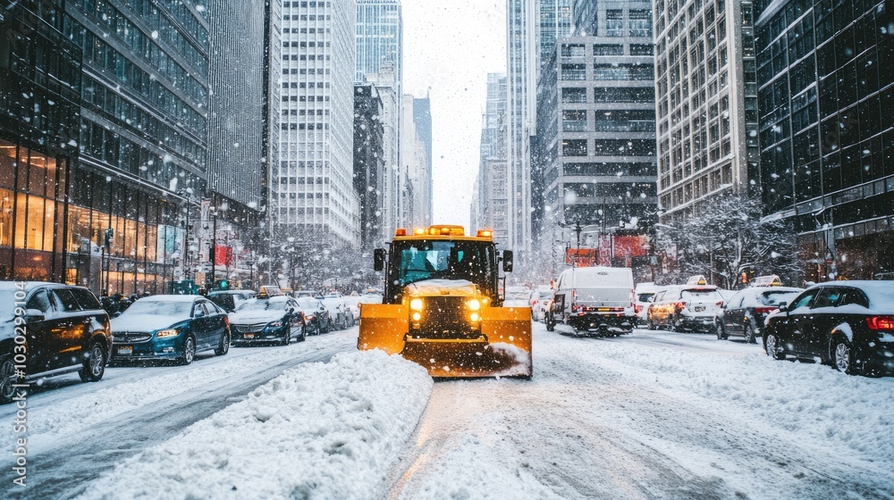 Snow Plow Clearing Streets in Urban Winter Scene Snow Plow Clearing Streets in Urban Winter Scene