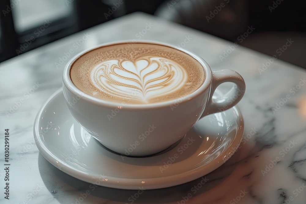 A classic cappuccino in a white ceramic cup, with detailed latte art foam on top and a saucer underneath A classic cappuccino in a white ceramic cup, with detailed latte art foam on top and a saucer underneath