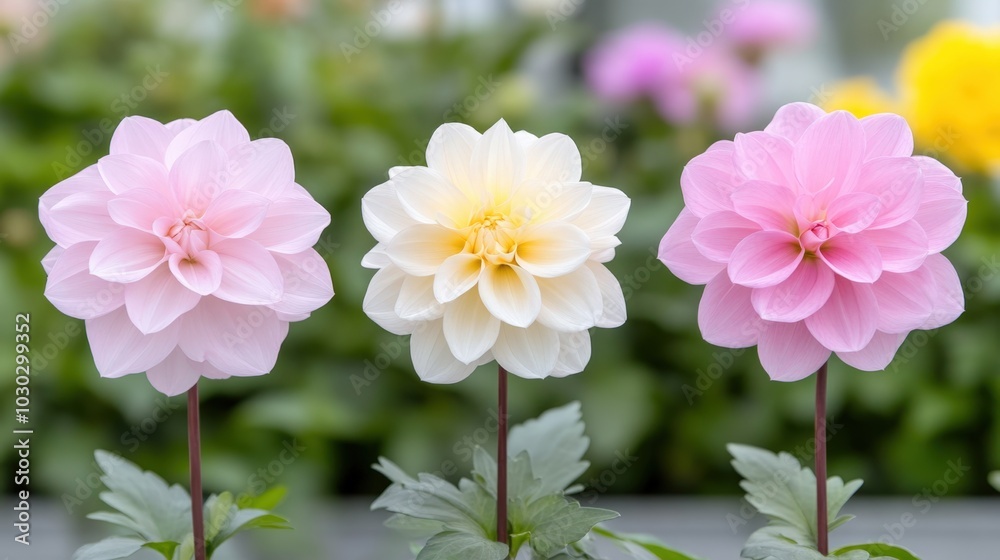 Trio of vibrant dahlias in full bloom in a colorful garden setting Trio of vibrant dahlias in full bloom in a colorful garden setting