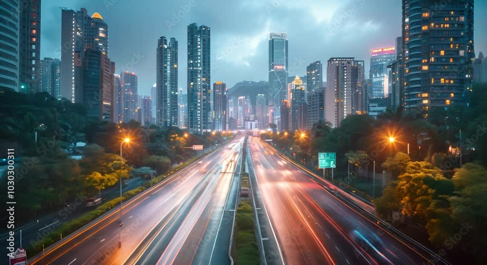 Cityscape with Highway at Night, Hong Kong Cityscape with Highway at Night, Hong Kong