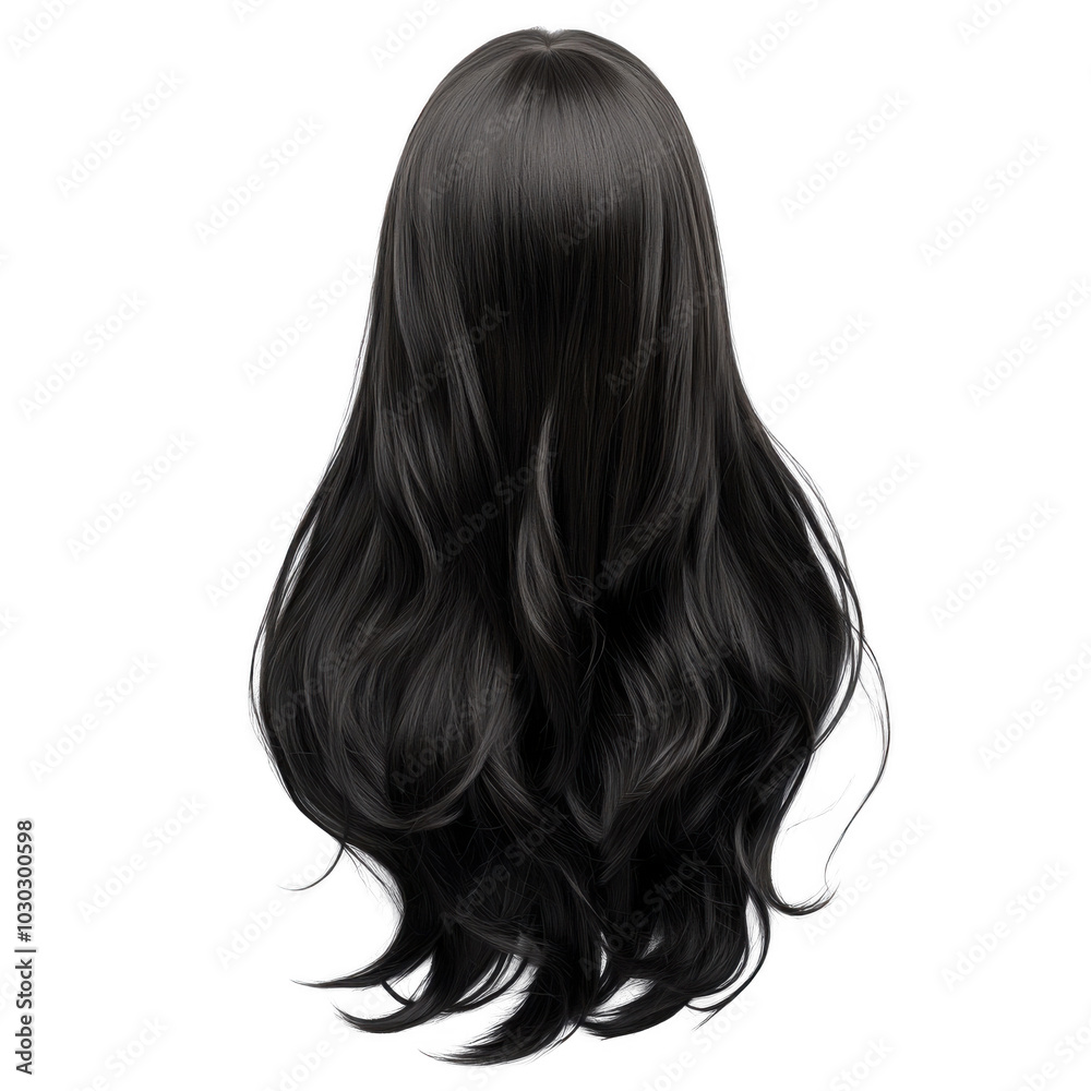 Naklejka premium Silky long black wavy hair on a smooth glossy mannequin head against dark background