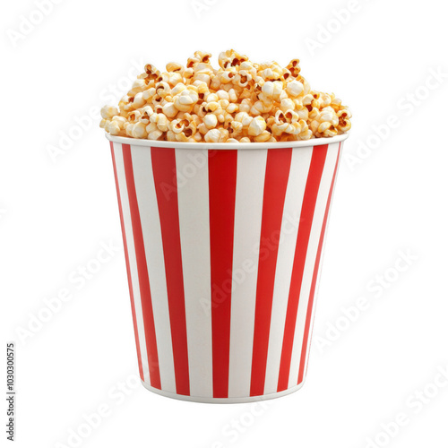 Red-and-white striped popcorn bucket filled with salted, buttered popcorn against a white background