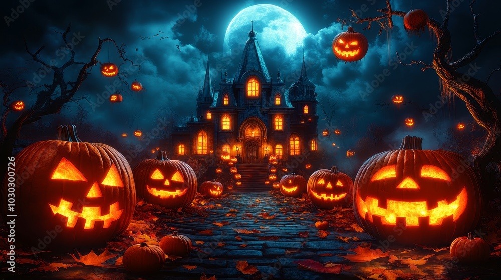 Halloween background wallpaper, fairytale castle, magical atmosphere, Halloween banner background. Halloween background wallpaper, fairytale castle, magical atmosphere, Halloween banner background.