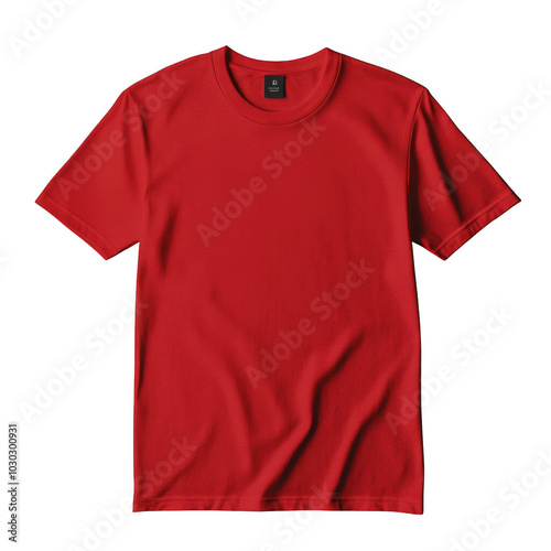 Plain red t-shirt on white background showcasing simple fashion design