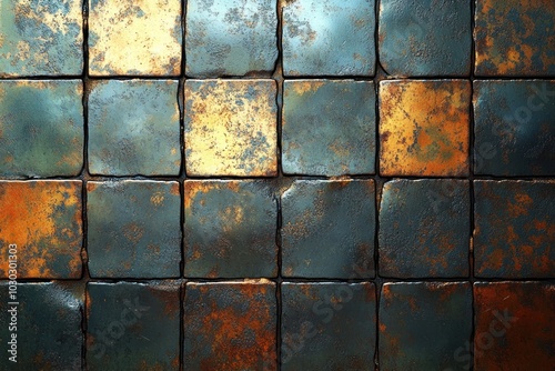 A textured surface of metallic tiles with rust and patina effects.