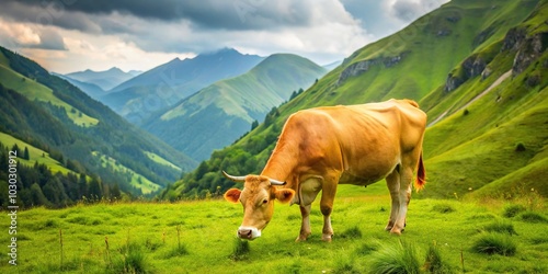 Yellow cow grazing in mountainous area aerial view