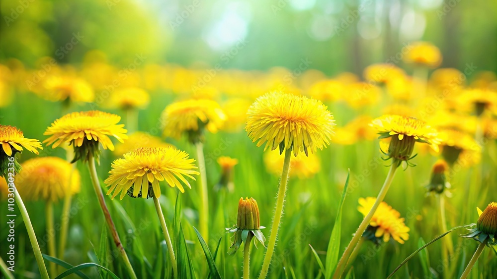 Fototapeta premium Yellow dandelions in grassy meadow with spring and summer flowers, long shot