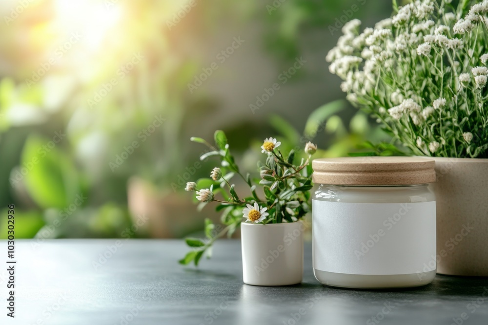 cosmetic cream glass jar with white label mockup on table next to flowers
