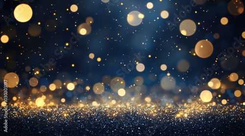 Dark blue background with golden bokeh lights and glitter, an abstract digital backdrop. 