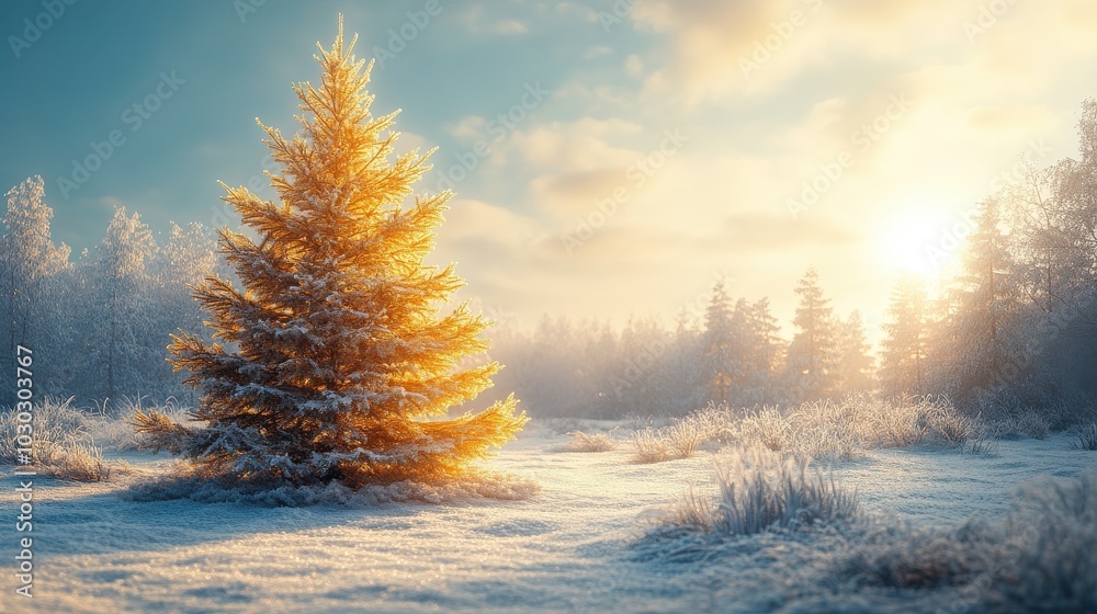 A Christmas tree is surrounded by snow in a field. The tree is lit up with lights, creating a warm and festive atmosphere. The snow-covered ground and the bright sunlight make the scene feel peaceful