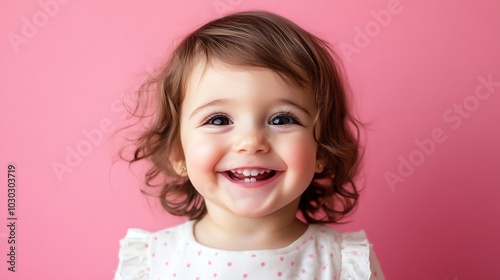 A young girl with brown, curly hair is smiling at the camera.