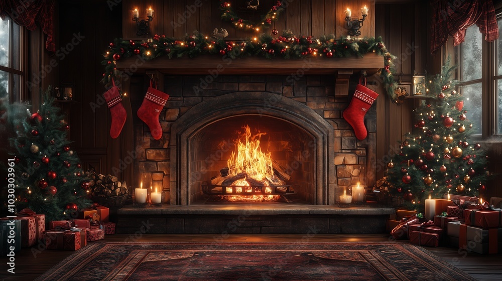 Cozy Christmas Fireplace Illustration | Festive Holiday Interior Design Cozy Christmas Fireplace Illustration | Festive Holiday Interior Design