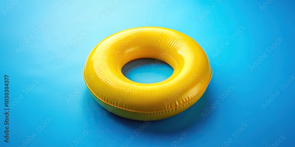 Yellow inflatable ring on bright blue background in pastel colors Yellow inflatable ring on bright blue background in pastel colors
