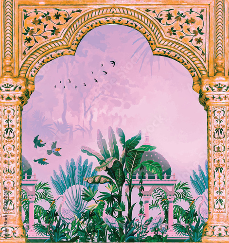 Adobe IllusTraditional Mughal Garden, peacock, tree, palace illustration for mural wallpapetrator Artwork,Traditional Mughal decorative garden with arch peacock seamless pattern frame for invitation